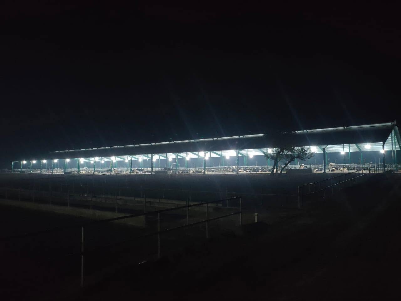 Long dairy shed lit up at night